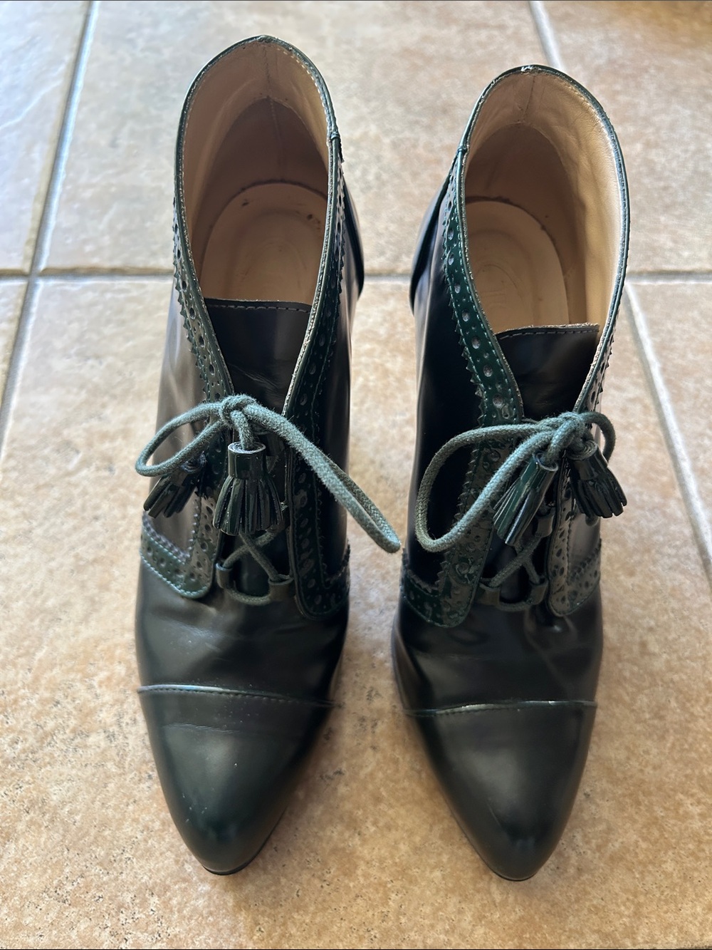 TOD’S Dark Green Leather Lace-Up Ankle Boots with Tassels